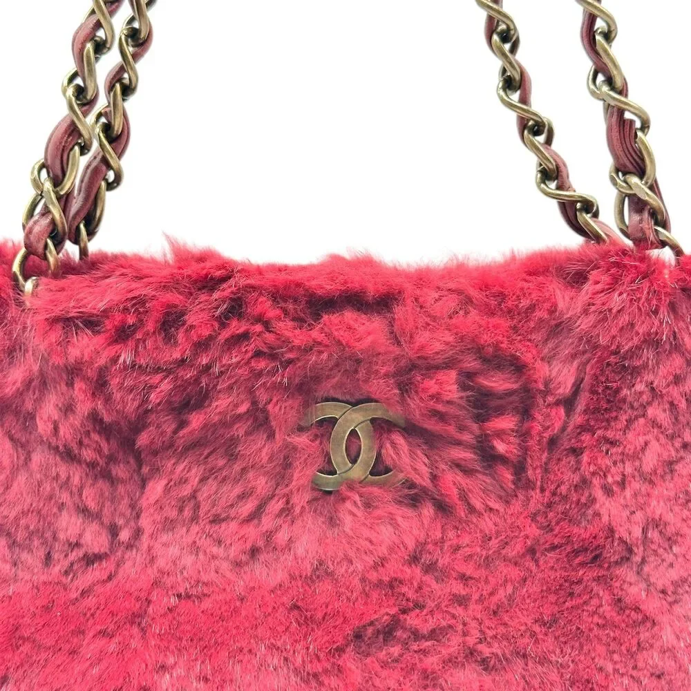Chanel Burgundy Rabbit Fur Shoulder Tote Bag 2000-03